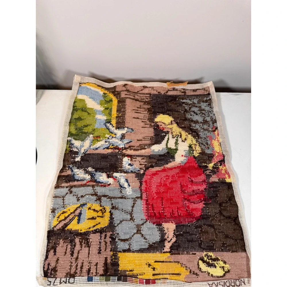 Vintage Finish Needlepoint Tapestry Woman Feeding Birds Finished Canvas 15x19